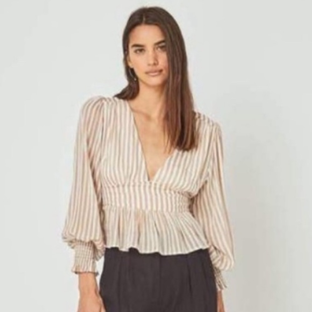 Auguste Tour Sonnet Blouse Almond Striped - Size 4- Long Sleeve V neck- Beige